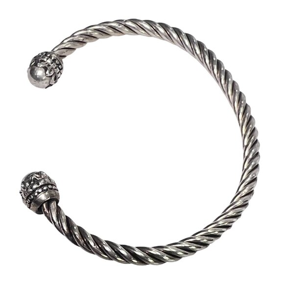 Silver 925 Twisted Rope Open Cuff Bracelet Ornate End Caps Unisex 7.25" diameter - Picture 3 of 7